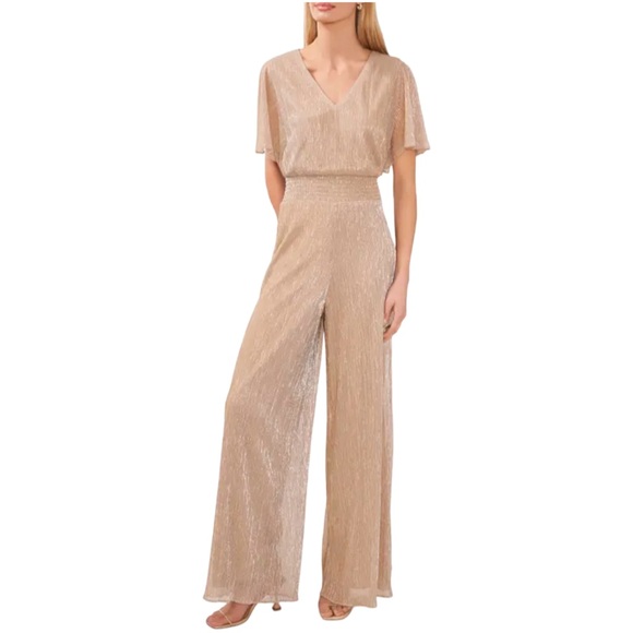 Halogen Pants - Halogen V-Neck Flutter Sleeve Wide Leg Plissé Jumpsuit in Metallic Taupe Size M